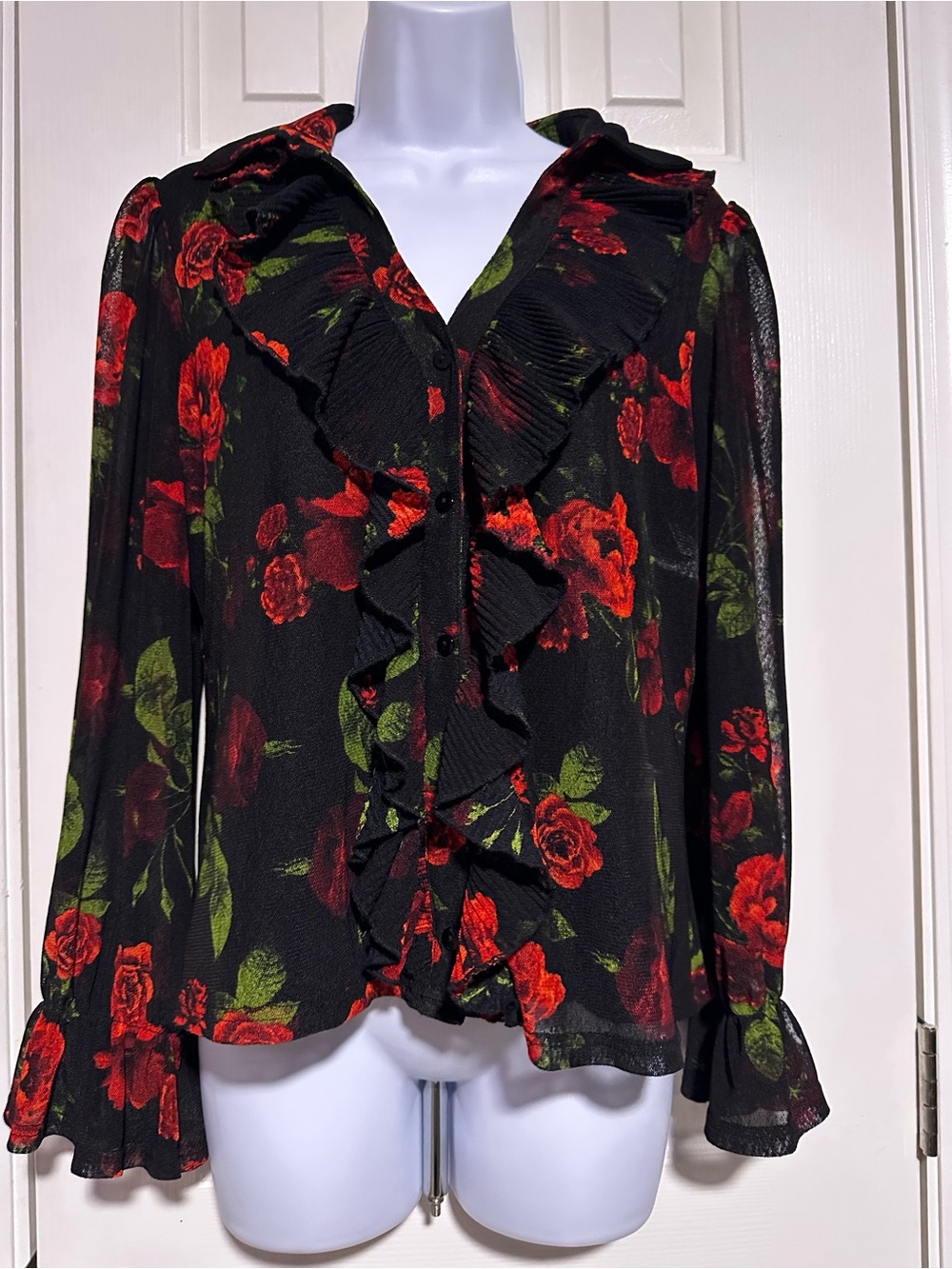 Women’s Black Floral Ruffle Blouse with Red Rose Print Sz M